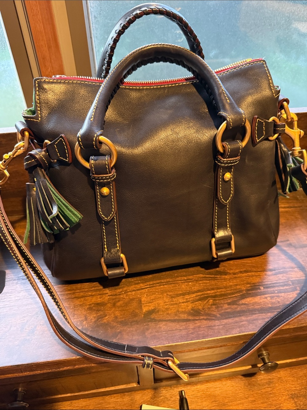 Dooney & Bourke Navy Leather Satchel with Red and Green Zipper Trim - Picture 7 of 7